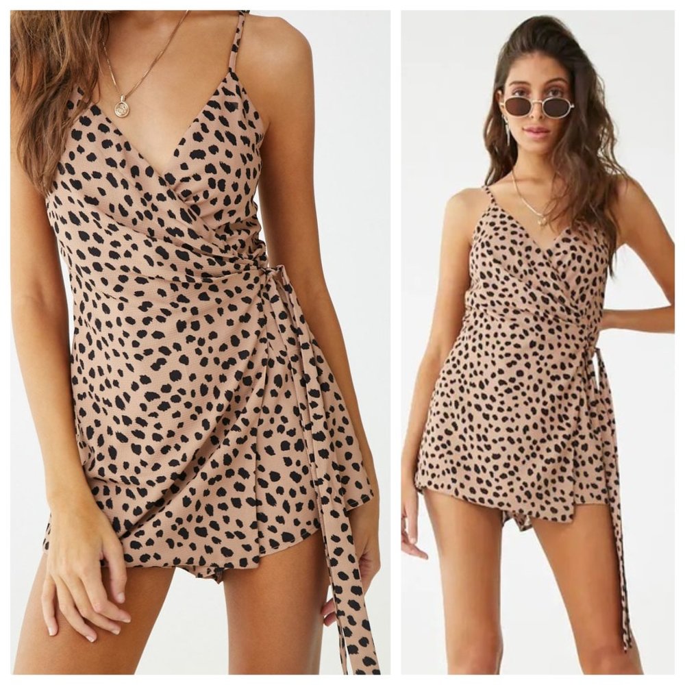 Forever 21 Tan and Black Polka Dot Romper